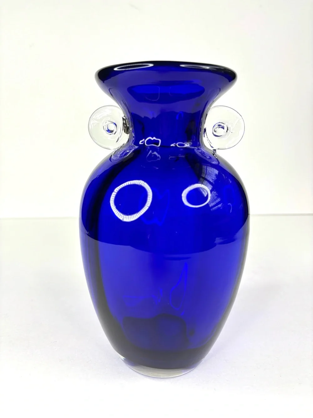 Vintage Cobalt Blue Art Glass Blenko Vase Clear Scroll‎ Handles